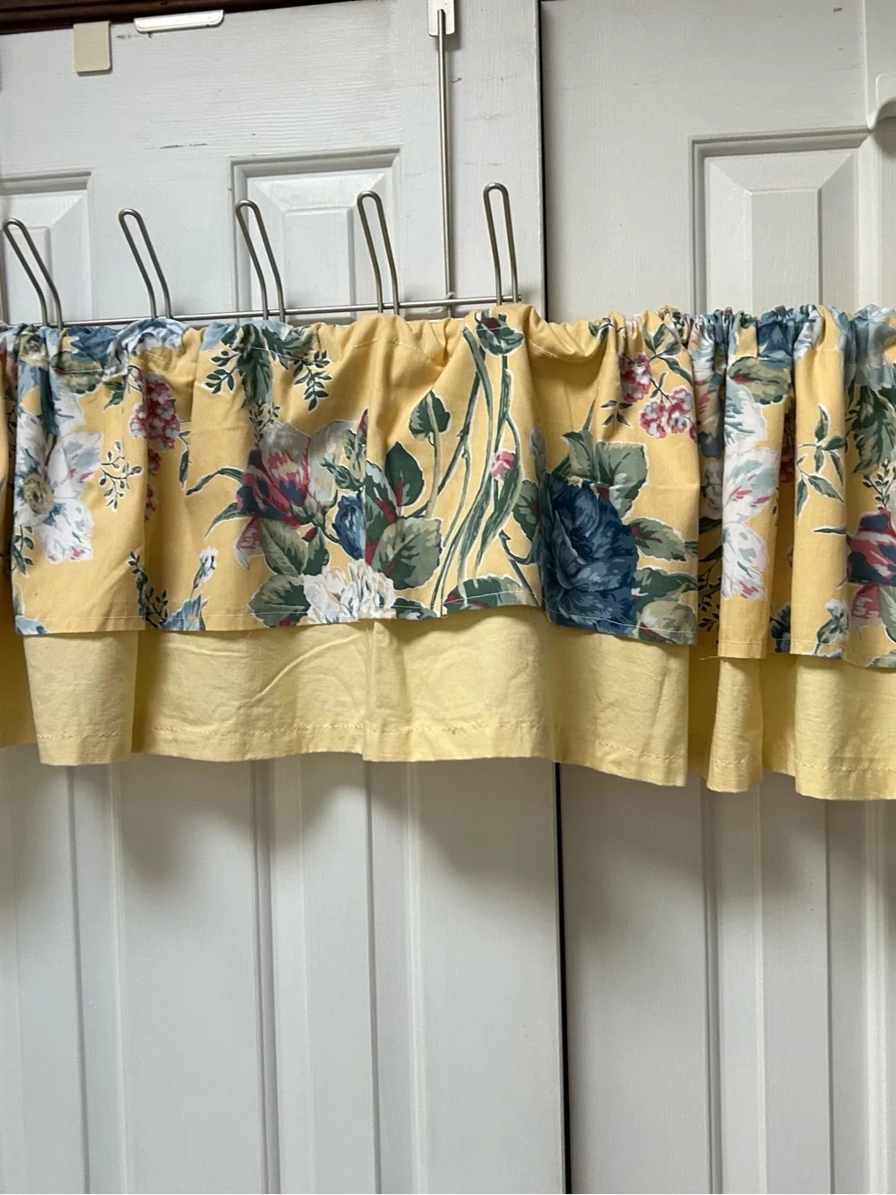 Valance 84”L Floral Yellow Ruffled 2-layer -10.5” floral on 14”deep yellow base.